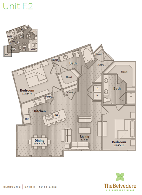Floor plan for 2 beds, 2 baths, 1352 sqft
